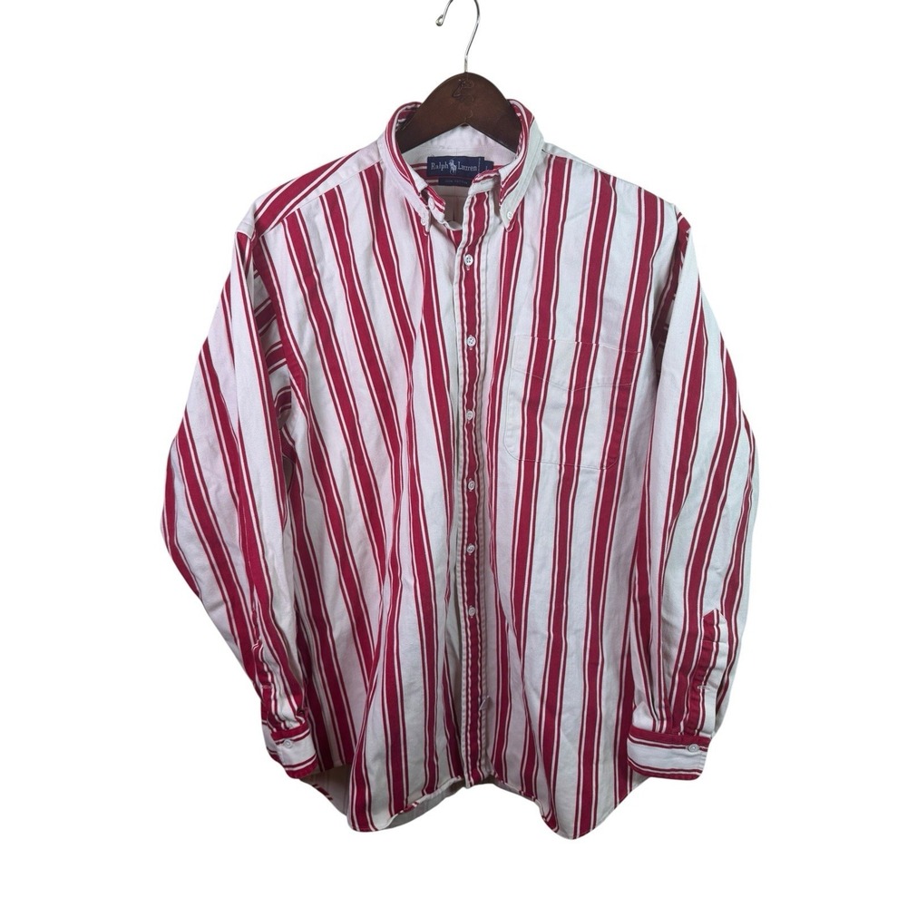 Vintage Polo Ralph Lauren Shirt Mens‎ L Long Sleeve Button Striped Heavy Cotton